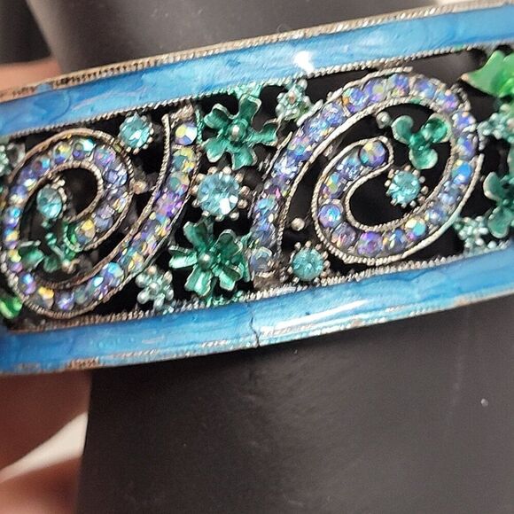 Blue Enamel Rhinestone Filagree Clamper Bangle Bracelet Flower Sparkle Glam 6.5" - Picture 2 of 9